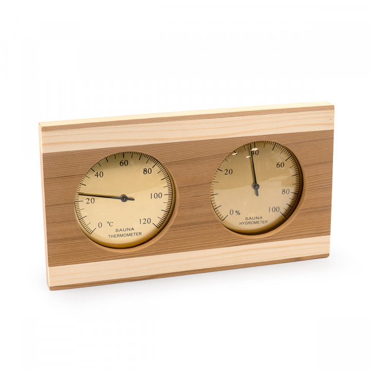 SAUFLEX termo-hygrometer, cedertræ, gylden farve