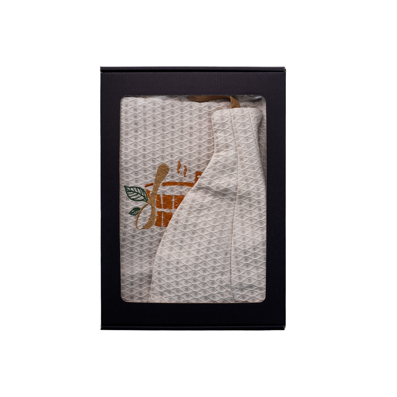 Gavesæt i gaveæske til HAM. Herre saunahat og forklæde - HØR, broderet