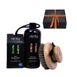 Gavesæt i gaveæske VINTERKRYDDERIER. Duftessens, kropsbørste og sæbe. 