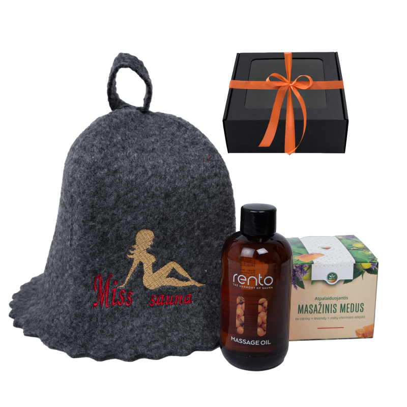 Gavesæt MISS SAUNA i gaveæske. Saunahat, massageolie og honning