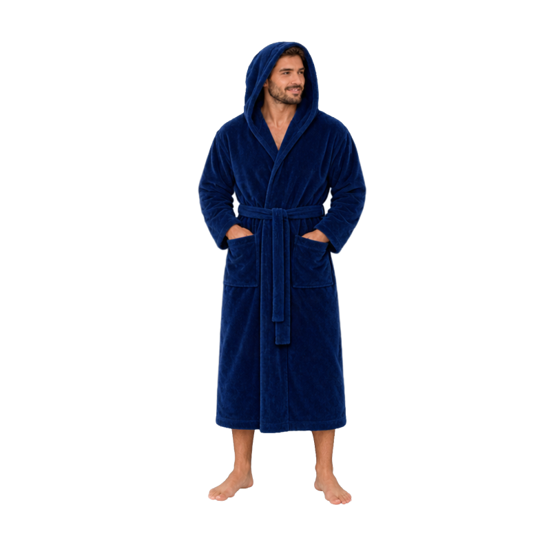 Badekåbe i bomuldsvelour med hætte, blå