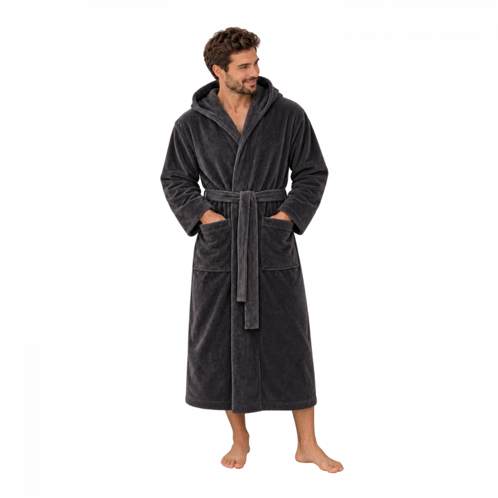 Badekåbe i bomuldsvelour med hætte, grå