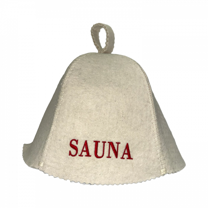Saunahat - Sauna, med rød skrift