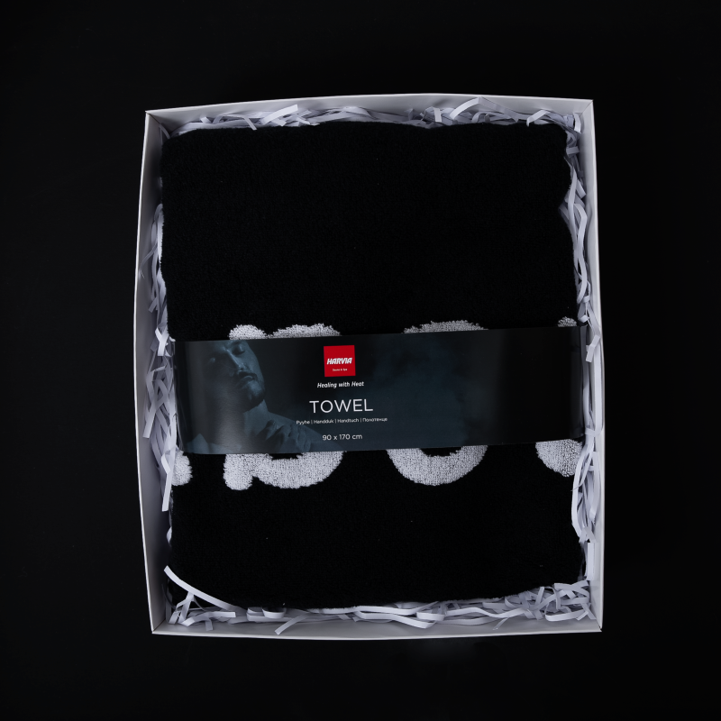Håndklæde HARVIA #healingwithheat i gaveæske, 90 x 170 cm, sort