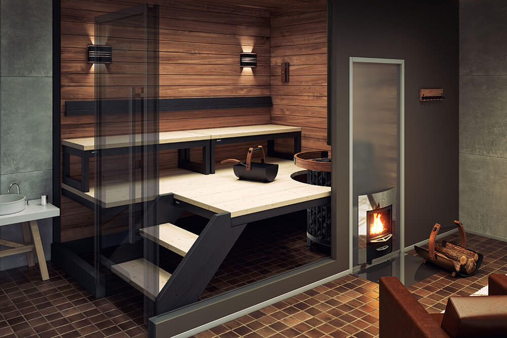 Moderne sauna med brændeovn