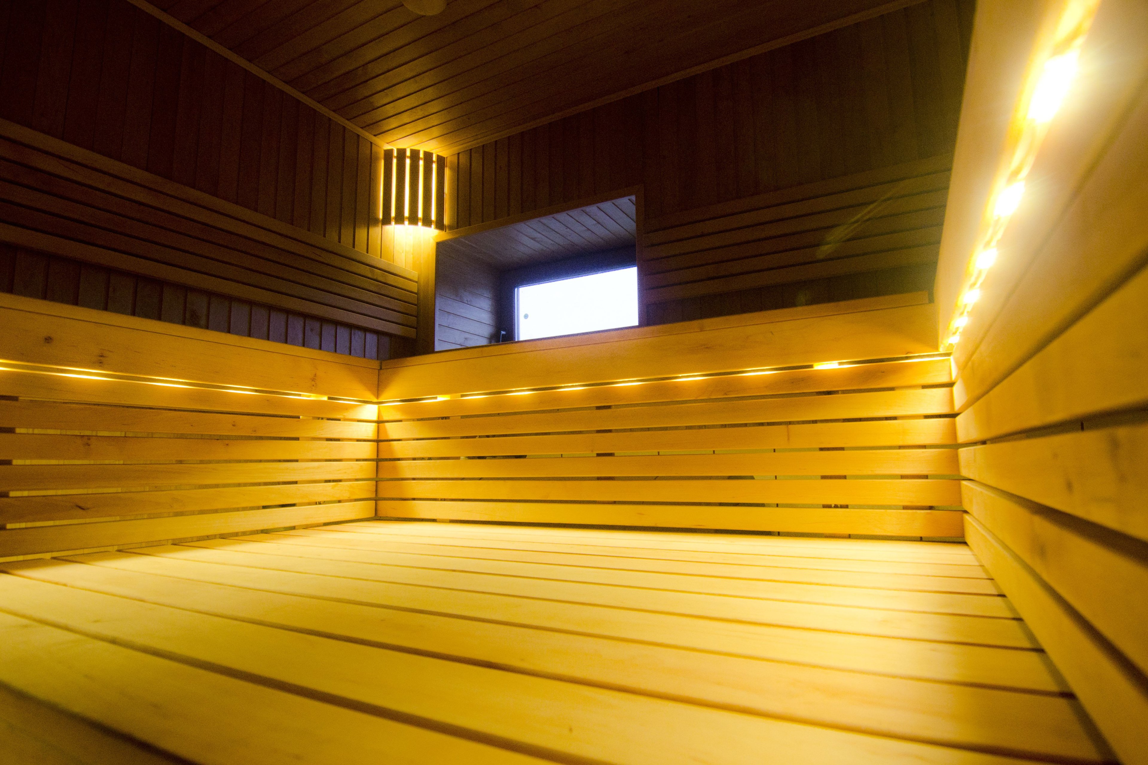 Sauna med tre-etagers elletræsbænke